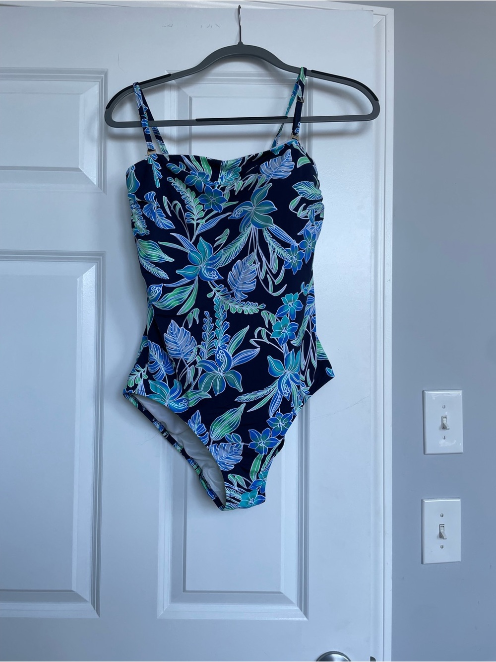 Lands' End Navy One-Piece Swimsuit with Aqua & Green Floral Print